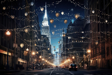 Fototapeta premium Sparkling cityscape with holiday lights adorning streets and buildings