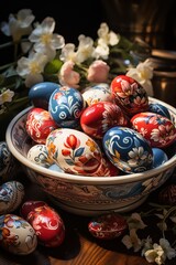 decorating handmade eggs for Easter in a plate with an ornament on the table. rustic style