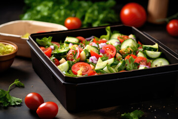 Fresh summer salad of raw vegetable with craft box for take away food