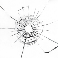 Bullet Hole in Glass: A Stark Contrast on White