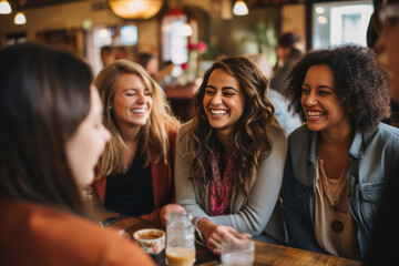 A multi-ethnic group of women laughing together as they share stories during a cozy coffee shop meetup. Capture the genuine joy and camaraderie in their expressions. Generative AI - obrazy, fototapety, plakaty