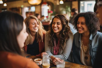 Fotobehang A multi-ethnic group of women laughing together as they share stories during a cozy coffee shop meetup. Capture the genuine joy and camaraderie in their expressions. Generative AI © bluebeat76