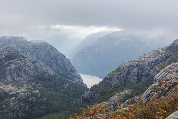 landscape with river and mountains on hike in Norway on fjord
