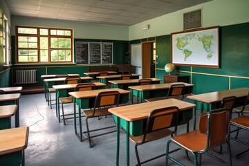 Naklejka premium Classroom with chairs, tables and board, elementary school. Generative AI