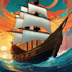 Fictional Mayflower boat traversing the open Atlantic ocean as Christopher Columbus sails for the Americas before Thanksgiving - obrazy, fototapety, plakaty