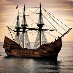 Depiction of the Mayflower wooden ship Christopher Columber used to sail the Atlantic to the United States of America for Spain