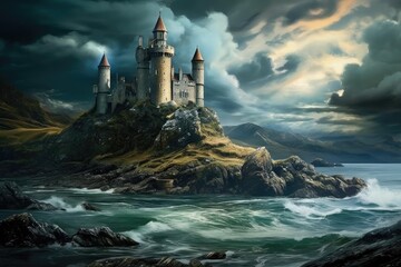 Landscape with medieval castle, universe of the middle ages, fantasy and fairy tale. Generative AI
