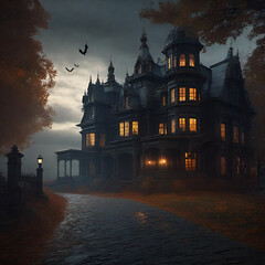 Haunted mansion lit by lantern in each window inside dark forest showing road in front