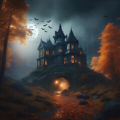 Haunted spooky haunted mansion on a hill with full moon and bats in background lantern lit cave at the bottom and orange fall colored leaves