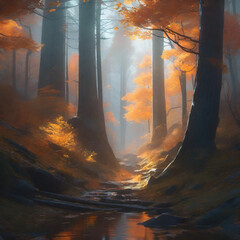 Spooky dark forest with a glimmer of sunlight shining through displaying orange fall autumn leaves 