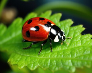 Fototapeta premium Little ladybug on a leaf with raindrops, insect life. Generative AI
