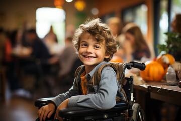 Portrait of handsome young disabled boy in wheelchair smiling looking at camera. Lifestyle of special child, life in the education elementary school age of kid, happy disability kid concept.