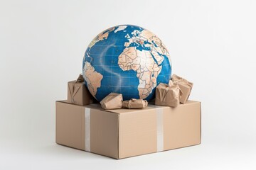 Digital illustration of cardboard box and globe, white background, logistics and delivery concept. Generative AI