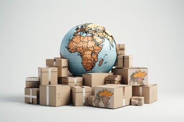 Digital illustration of cardboard box and globe, white background, logistics and delivery concept. Generative AI
