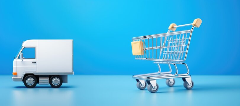 Shopping cart and delivery truck on blue background. Generative AI