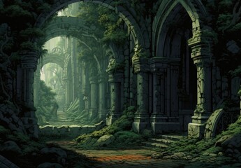 Landscape with ruins of a medieval castle, anime style, greenish tones. Generative AI