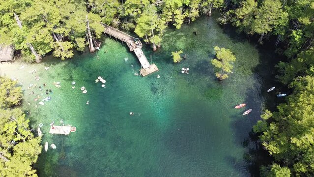 People enjoy swimming, jumping off deck to magnitude turquoise blue water of Morrison Springs County Park in Walton County, Florida, USA with kayaking, leisure activities