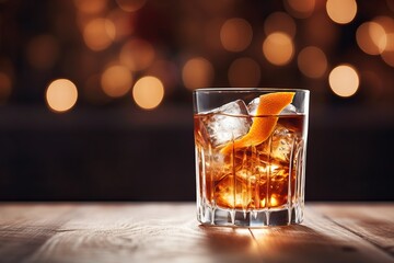 Old fashion cocktail on a wooden table. Beautiful background with bokeh.