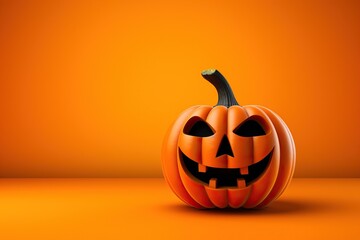 Scary Halloween pumpkin on an orange background. Festive background.