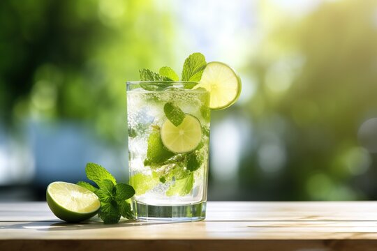 Mojito cocktail on a wooden table. Beautiful background with bokeh. Summer sunny day