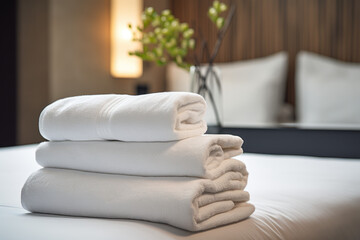 Fototapeta na wymiar Hotel Bed with Folded Towels