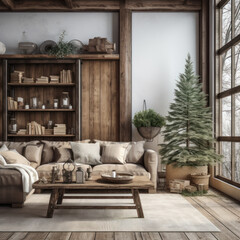 A rustic living room with wooden furniture
