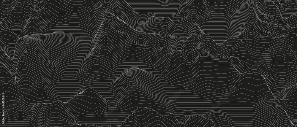 Poster monochrome sound line waves abstract background . distorted line shapes on a black background.