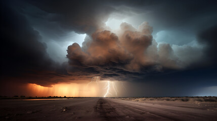 a lightning storm with dramatic clouds over a desert area - generative AI