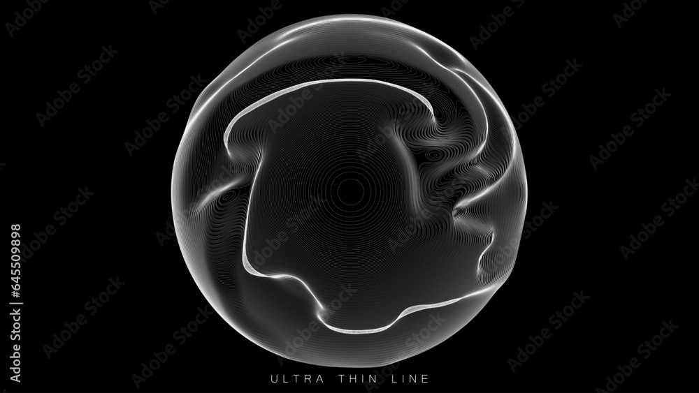 Poster ultra thin line fluid geometry. dynamic vector distorted spheres.