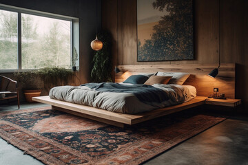 Low platform bed in the cozy bedroom, a large area rug beneath it with bedside table