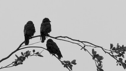 Crows sitting in the rain