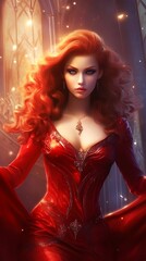 Fototapeta na wymiar Red hair beautiful lady in red magical gown, Generative AI illustrations