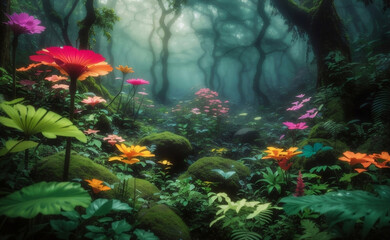 Fototapeta na wymiar A mysterious forest with blooming outer space flowers.