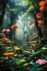 Fototapeta na wymiar A mysterious forest with blooming outer space flowers.