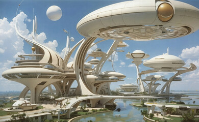 A futuristic fantastic cityscape with transportation system.