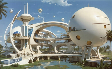 Fototapeta premium A futuristic fantastic cityscape with transportation system.