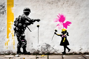 Stencil of a Soldier receiving a flower from a little girl, generative AI 