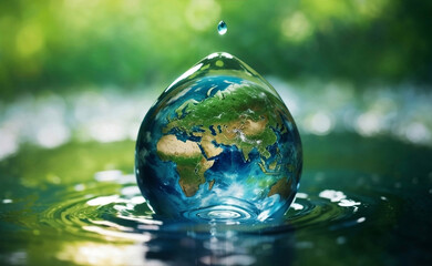 Globe of the world inside a water drop with nature background.