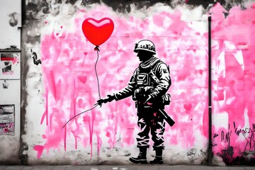 Stencil of a Soldier with a heart balloon, generative AI 