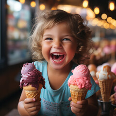 Happy baby girl kid hold ice-cream and laughing - 645510681