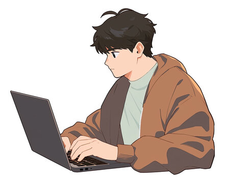 Young man working on the laptop computer cartoon isolated.
