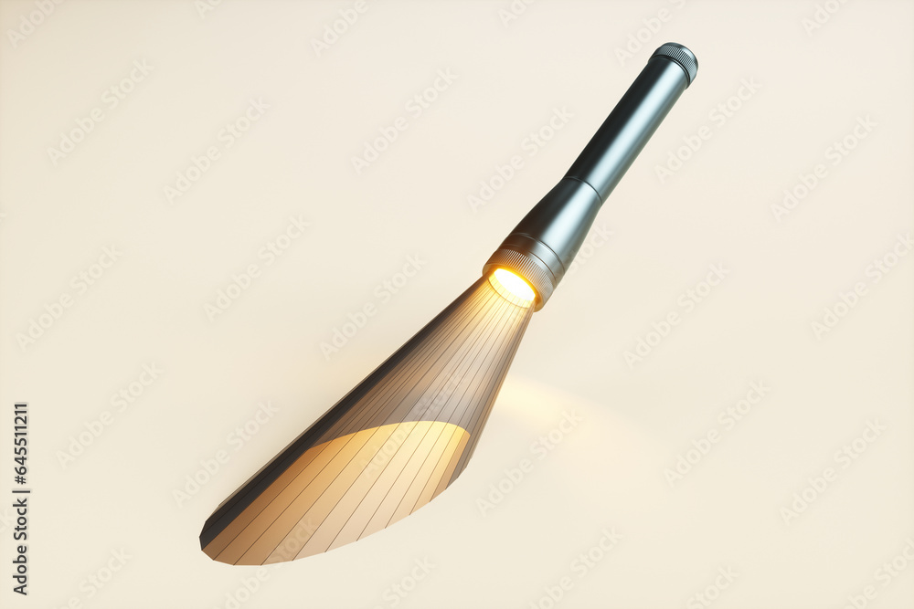 Poster abstract flashlight with a polygonal beam on a yellow background. 3d rendering illustration.
