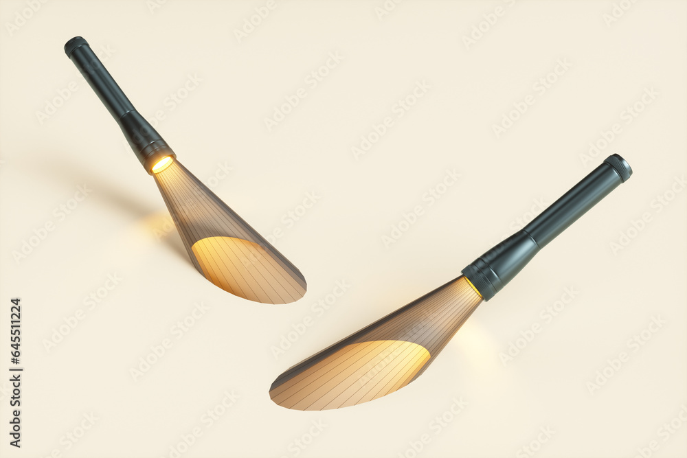 Poster two abstract flashlights with a polygonal beam on a yellow background. 3d rendering illustration.