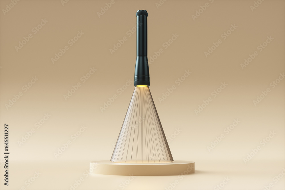 Aufkleber abstract flashlight with a polygonal beam shines on a podium on a yellow background. 3d rendering il