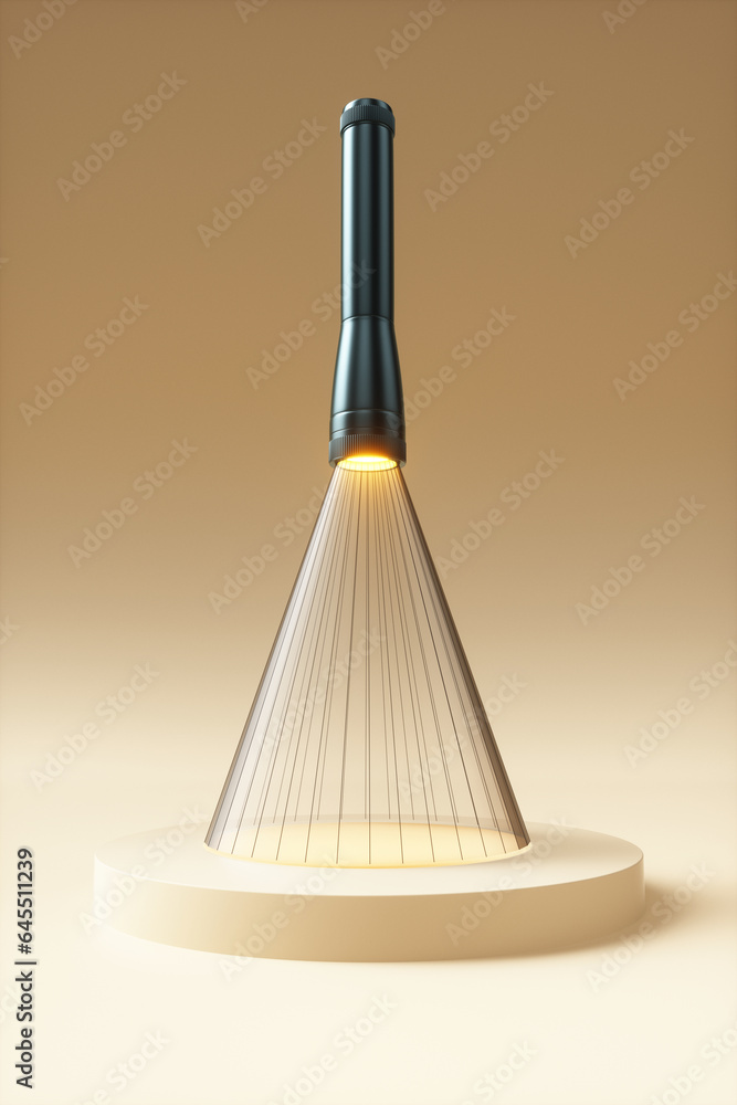 Poster abstract flashlight with a polygonal beam shines on a podium on a yellow background. 3d rendering il