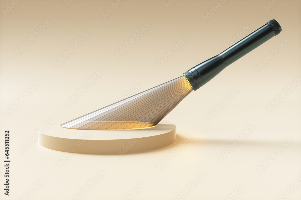 Aufkleber abstract flashlight with a polygonal beam shines on a podium on a yellow background. 3d rendering il