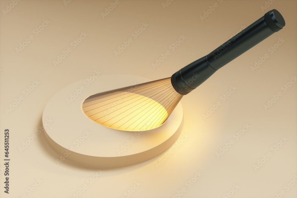 Poster abstract flashlight with a polygonal beam shines on a podium on a yellow background. 3d rendering il