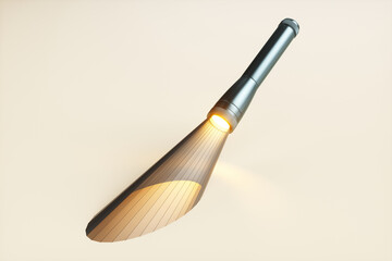 Abstract flashlight with a polygonal beam on a yellow background. 3d rendering illustration.
