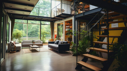luxury industrial living room with large glass wall - Generative AI