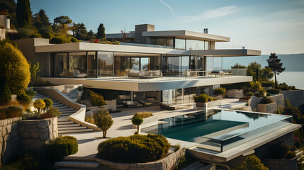 Fototapeta premium a photography modern villa with terrace taken with a drone